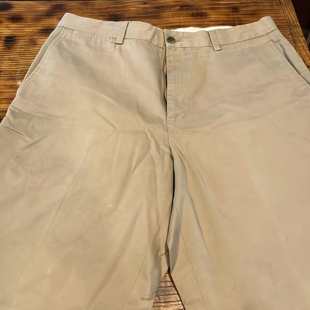 J.Crew flat front chinos, size 33x32. Decent condition. Some mild discoloration.
